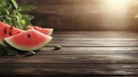 Fresh watermelon slices with green leaves on rustic wooden table background with warm sunlight, copy space for summer food and drink designs.