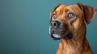 Expressive brown Rhodesian Ridgeback dog with bright blue eyes looking up attentively against teal background, studio portrait showing curious facial expression.