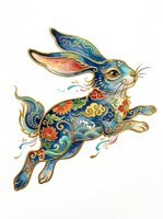 Ornate leaping rabbit with gold trim and floral patterns in blue tones, isolated on transparent background, ready for stickers, sublimation, and t-shirt design.