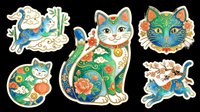 Colorful decorative cat stickers with ornamental patterns, isolated on transparent background. Ready for t-shirt design, clipart, print-on-demand products, sublimation, and craft projects.