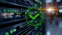 Glowing green checkmark symbol with digital particles effect on dark server room background, representing successful system verification and security.