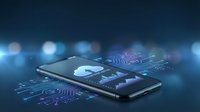 Modern smartphone with glowing circuit board patterns and blue bokeh lights showcasing mobile technology and digital innovation concepts.