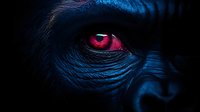 Dramatic close-up of glowing red eye with textured dark blue skin surrounding it, creating mysterious and otherworldly atmosphere against black background.