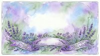 Lavender flowers with ornamental swirls frame a soft watercolor background in purple, blue, and green tones, suitable for invitations, greeting cards, and decorative designs.