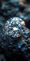 Brilliant round cut diamond with multiple facets reflecting light, placed on dark textured stone surface. Macro photography highlights crystal clarity and sparkle.