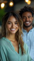 Young diverse couple smiling with warm bokeh lights in background, Hispanic woman in mint green blouse and African American man in blue shirt, natural lifestyle portrait.