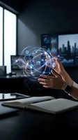 Hands holding glowing digital network sphere with connected nodes in modern office workspace for technology and innovation concepts.