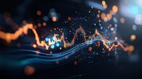 Digital financial graph with glowing orange and blue light trails showing market volatility and trading data analysis against dark background with bokeh effect.