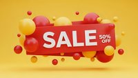 Red sale banner with 50% off text surrounded by colorful spheres on yellow background for promotional marketing campaigns and discount advertising.