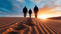 Three silhouetted figures walking across rippled sand dunes at sunset with dramatic orange and blue sky creating inspiring adventure scene.