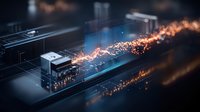 Glowing orange energy particles flow across dark circuit board components in dramatic lighting, illustrating data transfer and technological advancement in computing.