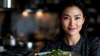 Young Asian woman smiling while presenting fresh salad in modern kitchen. Professional chef or home cook showcasing healthy meal preparation and culinary skills.