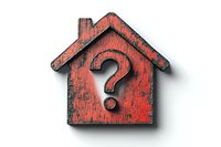 Red wooden house silhouette with question mark on white background, grunge texture effect. Real estate uncertainty and housing market concept.