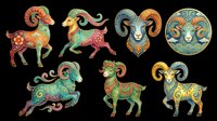 Colorful ornate Aries ram zodiac set isolated on transparent background, ready for stickers, t-shirt design, print on demand, and sublimation crafts.