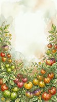 Watercolor tomato plants with ripe and unripe fruit border frame on white background, isolated design element suitable for recipe cards, menus, garden labels, and agricultural marketing materials.