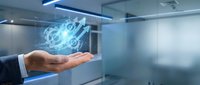 Businessman hand presenting holographic brain with digital connections in modern office environment for artificial intelligence and technology concepts.