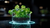Fresh green basil microgreens growing in transparent glass container with soil and LED lighting, dark background with bokeh effect for modern urban gardening.