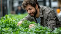 Young Hispanic male farmer in plaid shirt and overalls tending to organic microgreens in modern greenhouse, showing genuine joy while inspecting fresh sprouts.