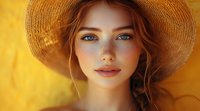 Young woman with blue eyes and red hair wearing straw hat against golden yellow background, soft natural lighting creates dreamy summer atmosphere.