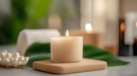 Glowing white aromatherapy candle on beige ceramic holder against blurred spa interior background with tropical leaves and decorative elements.
