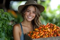 Young Hispanic female farmer in straw hat holding wooden crate of fresh harvested orange and red chili peppers, smiling against green garden background.