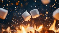 Flying marshmallows over campfire flames with glowing sparks and bokeh lights against dark night sky, creating magical outdoor cooking atmosphere.