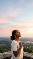 Young Black woman with braided hair wearing casual beige t-shirt standing on rocky overlook at sunset, gazing upward with contemplative expression overlooking valley landscape.