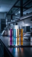 Colorful test tubes with chemical solutions in modern laboratory setting for scientific research and experimentation.