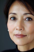 Close up portrait of middle-aged Asian woman with natural makeup and gentle smile wearing black turtleneck against dark background, expressing confidence and wisdom.