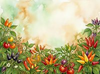 Watercolor garden border with vibrant flowers, tomatoes, and ornamental plants on aged cream background. Botanical illustration for invitations, cards, and design projects.