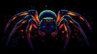 Colorful neon spider with glowing rainbow legs and body against black background. Digital art creature with vibrant electric colors for Halloween designs.