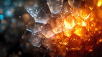 Dramatic macro shot of ice crystals illuminated by warm orange light against dark background with bokeh effect creates contrast between fire and ice elements.