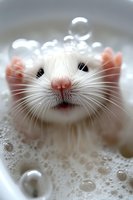 Close-up portrait of white hamster nose and whiskers with soap bubbles in bath, soft focus macro photography showing cute pet rodent during washing.