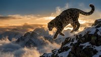 Snow leopard leaping across rocky mountain cliff at golden sunset with dramatic cloudy sky and alpine peaks in background for wildlife photography.