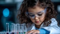 Young Hispanic girl in lab coat and safety glasses conducting science experiment with test tubes in laboratory setting, focused on research and learning.