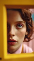 Young Caucasian woman with curly auburn hair and green eyes looking through yellow mirror frame with natural freckled skin and pink lipstick in warm lighting.