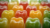 Colorful gummy candies in heart shapes arranged in rows. Close up view of red, yellow, orange and green jelly sweets with sugar coating and soft focus background.