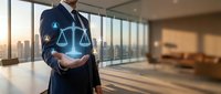Professional businessman holding glowing justice scales hologram in modern office with city skyline view representing legal technology and digital law services.