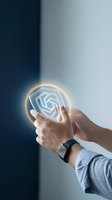 Businessman hands holding glowing digital shield icon representing cybersecurity protection and data safety in modern technology environment.