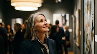Mature Caucasian woman with gray hair enjoying art gallery exhibition, smiling while viewing paintings in contemporary museum space with visitors.