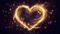 Golden sparkling heart shape made of glowing particles and light trails against dark background with bokeh effects for romantic designs and celebrations.