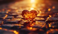 Glowing amber heart crystal on wet surface with golden sunset light and bokeh reflections creating romantic atmospheric scene. Suitable for Valentine designs.