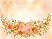Watercolor floral heart arrangement with roses and leaves in warm peach and gold tones on soft textured background for romantic design.