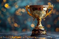 Golden vintage trophy cup on dark background with bokeh lights and glitter. Award ceremony and achievement concept for business presentations.