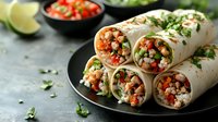 Fresh vegetarian burritos filled with rice, beans, tomatoes and herbs on black plate. Healthy Mexican wraps garnished with cilantro and served with salsa.