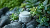 Marble texture cosmetic jar with succulent plants and black spa stones on dark background, natural organic skincare product photography.