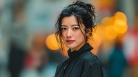 Young Asian woman with messy bun hairstyle wearing black turtleneck sweater smiling at camera with warm bokeh lights in urban background.