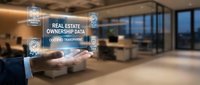 Real estate agent holding digital hologram displaying ownership data and property information in modern office with city skyline view, representing technology-driven real estate business solutions.