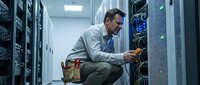 Middle-aged Caucasian IT technician working on server rack in modern data center with networking equipment and cables for technology maintenance.