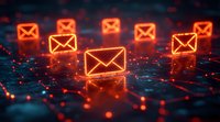 Glowing orange email icons connected by network lines on dark background with bokeh effect, representing digital communication and messaging systems.